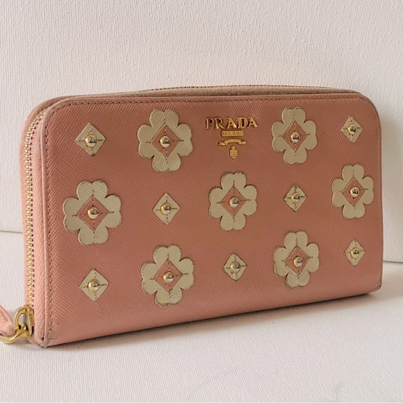 PRADA Saffiano Leather Flower Pearl Long  Zip Around Wallet - Picture 4 of 8